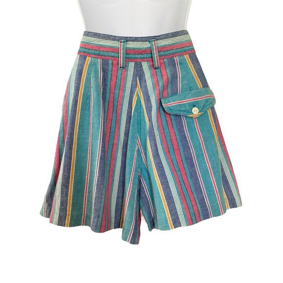 Vintage 80s Preppy Boho High Rise Pleated Cotton Stripe Bermuda Shorts XS/2 - Picture 4 of 5